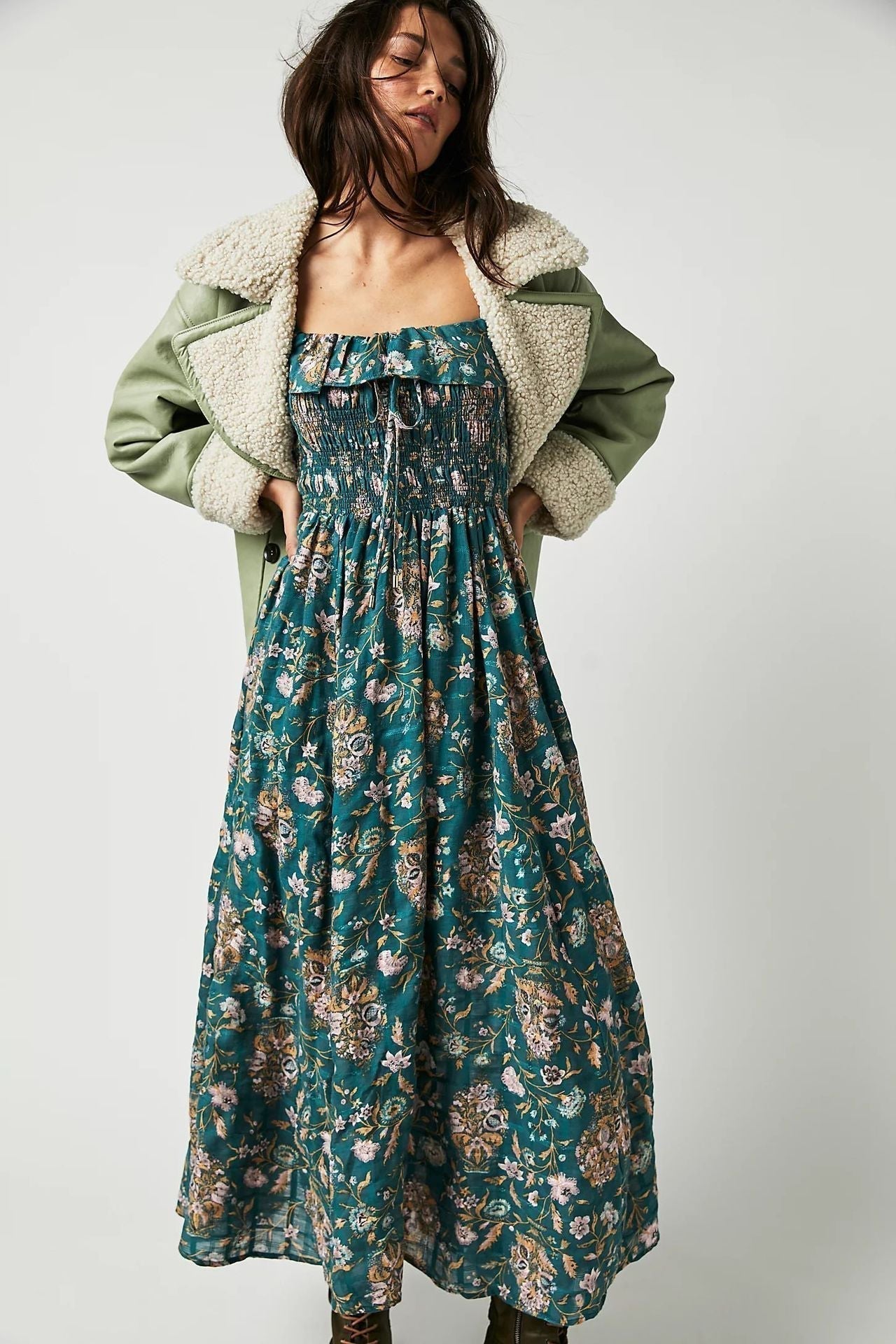 Floral Print Strapless Smocked Ruffle Neck Maxi Dress