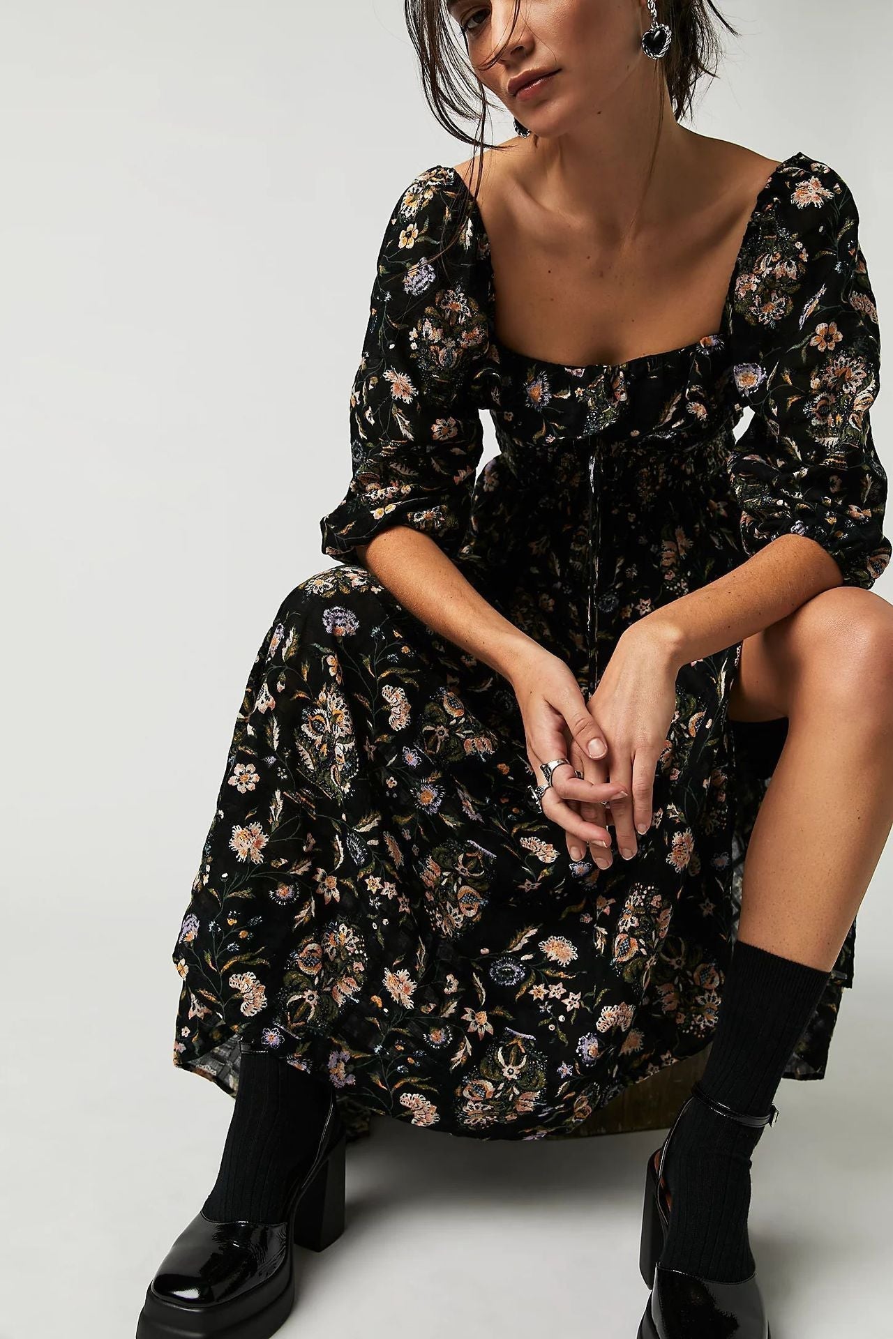 Floral Print Strapless Smocked Ruffle Neck Maxi Dress