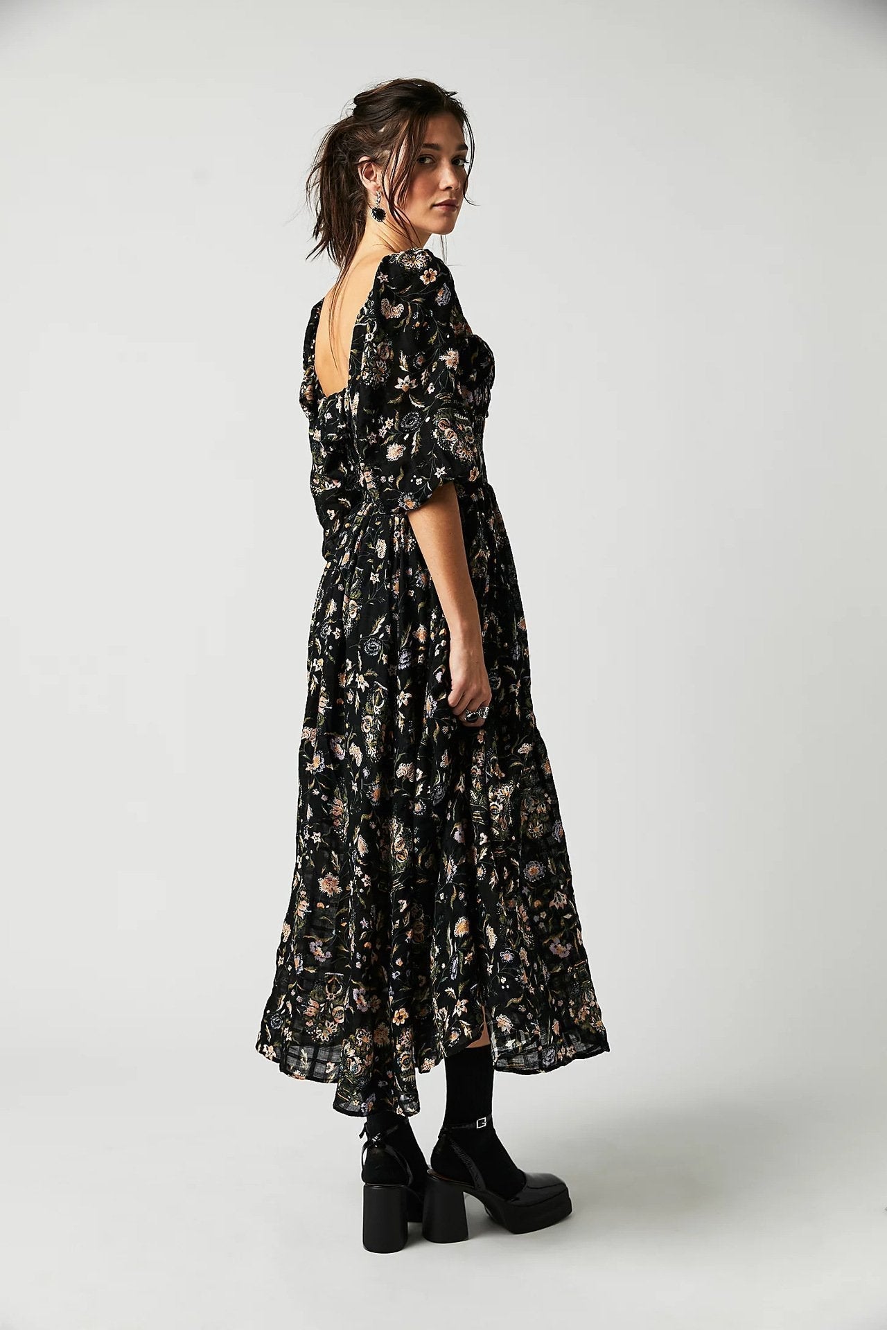 Floral Print Strapless Smocked Ruffle Neck Maxi Dress
