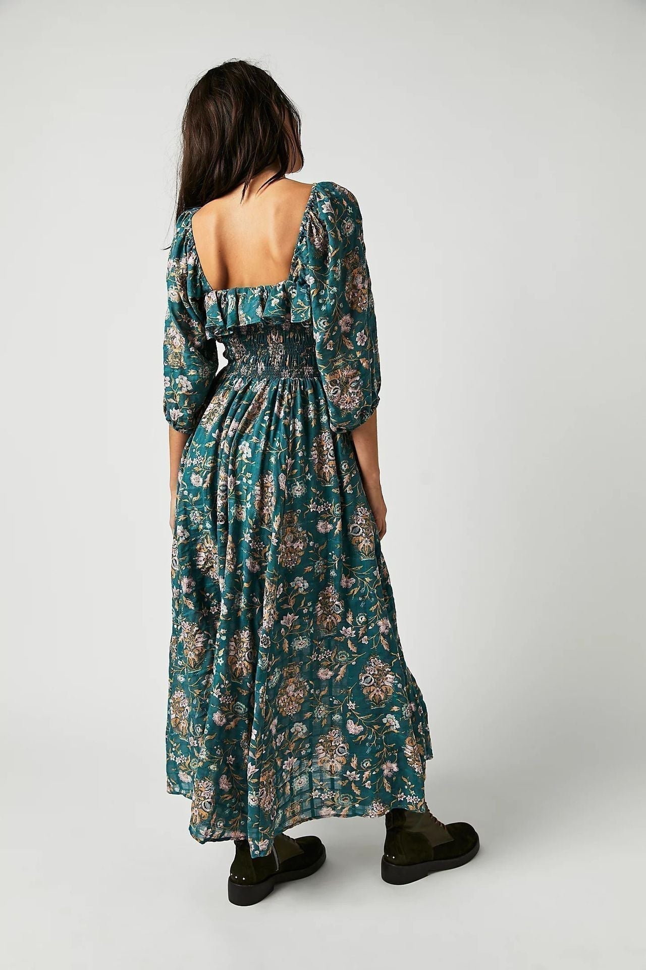 Floral Print Strapless Smocked Ruffle Neck Maxi Dress