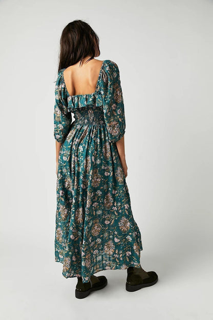 Floral Print Strapless Smocked Ruffle Neck Maxi Dress