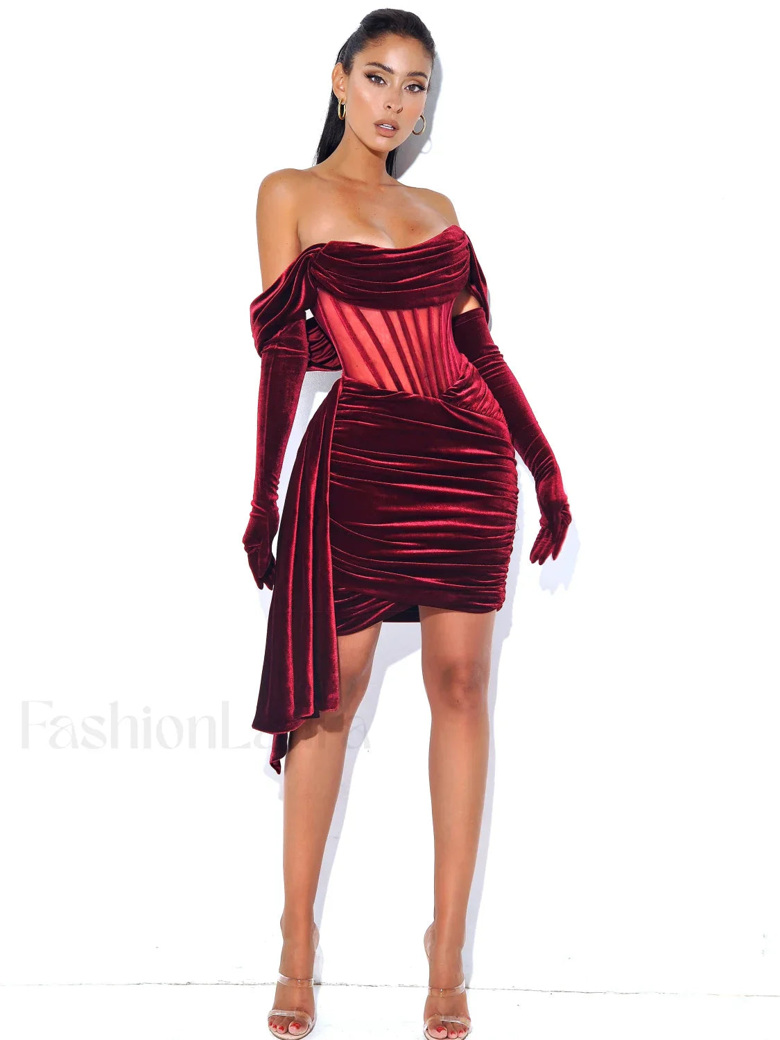 Irisa Burgundy Draping Charming Off Shoulder Corset Dress