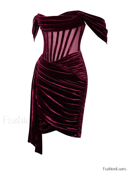 Irisa Burgundy Draping Charming Off Shoulder Corset Dress