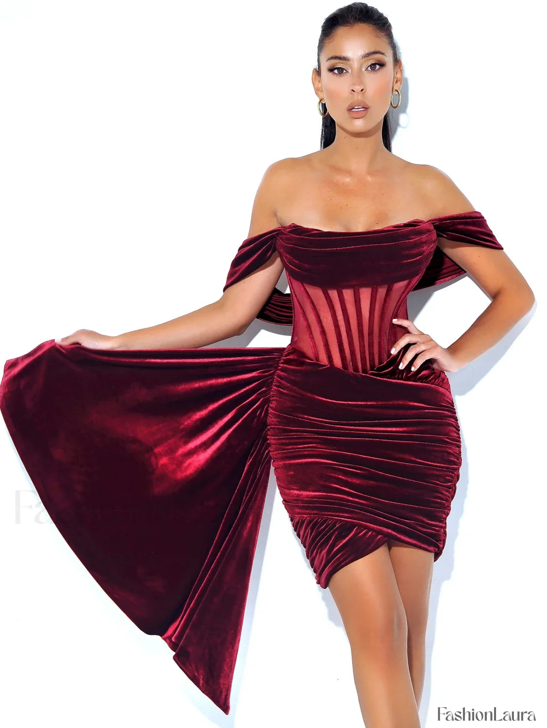 Irisa Burgundy Draping Charming Off Shoulder Corset Dress