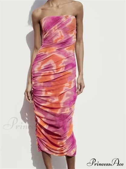 Irregular Tie Dyeing Print Tube for Women Summer Beach Party Clubwear Strapless Off Shoulder Ruched Dress