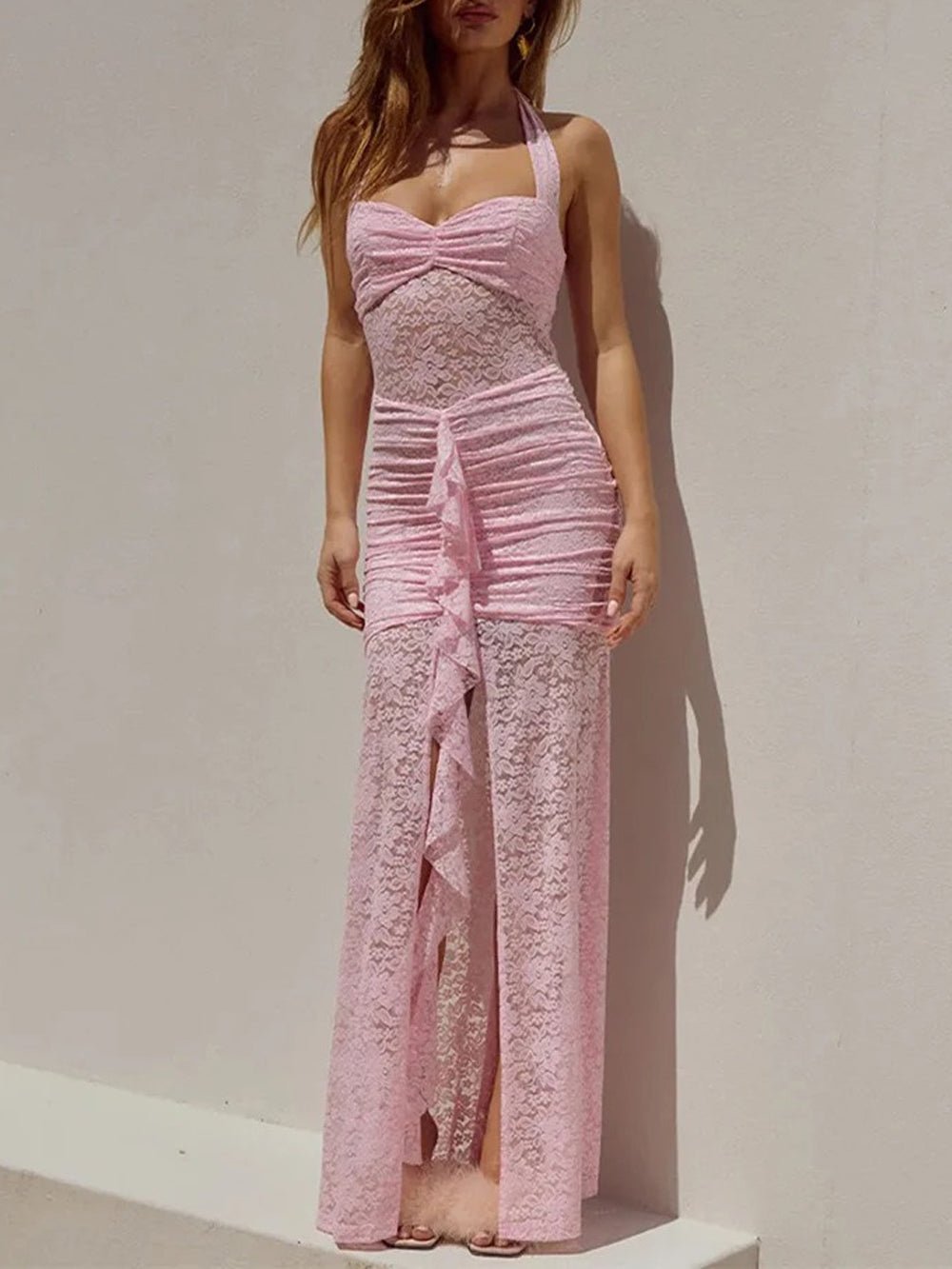 Floral Lace Halter Ruched Bodice Center Ruffle Front Slit Maxi Dress