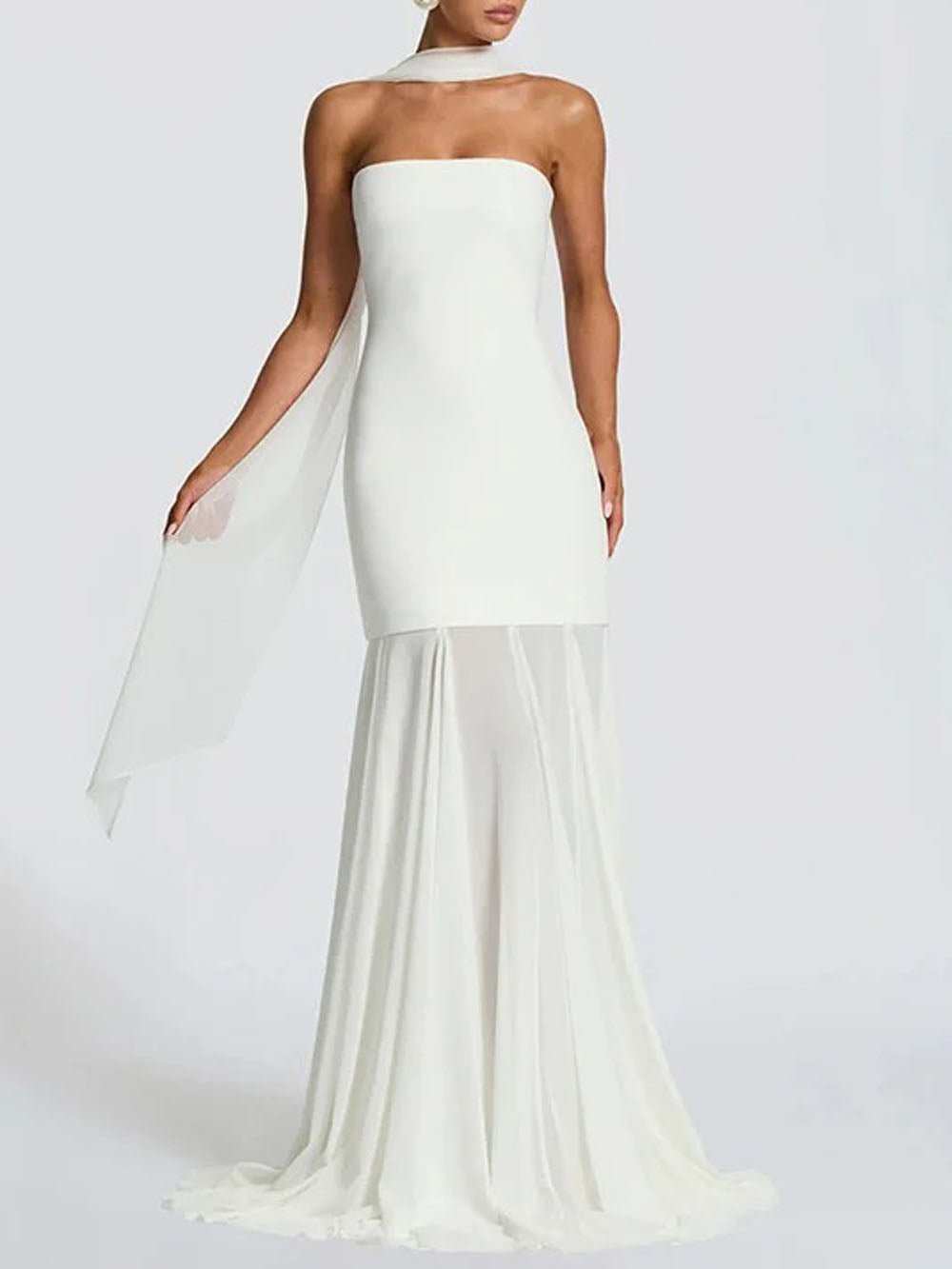 Strapless Longline Bodice Pleated Sheer Overlay Maxi Gown
