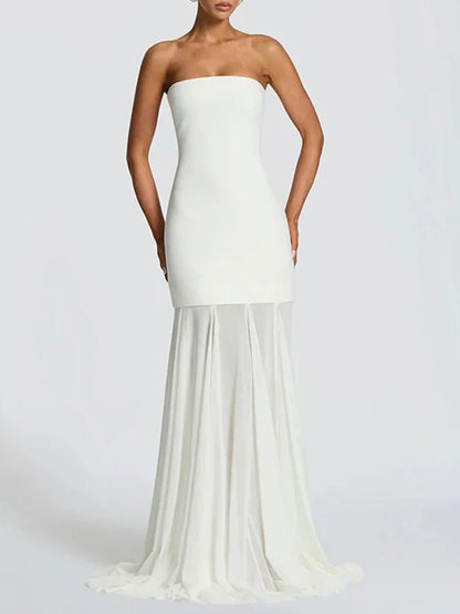 Strapless Longline Bodice Pleated Sheer Overlay Maxi Gown