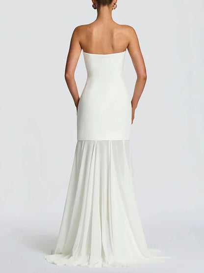 Strapless Longline Bodice Pleated Sheer Overlay Maxi Gown