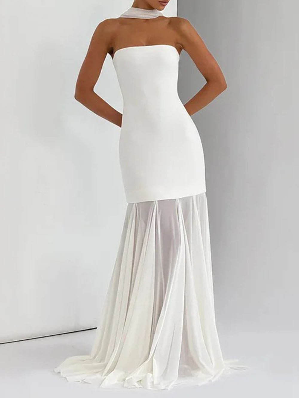 Strapless Longline Bodice Pleated Sheer Overlay Maxi Gown