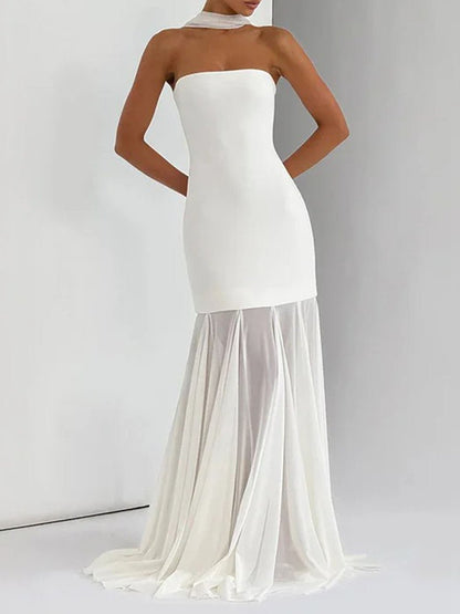 Strapless Longline Bodice Pleated Sheer Overlay Maxi Gown