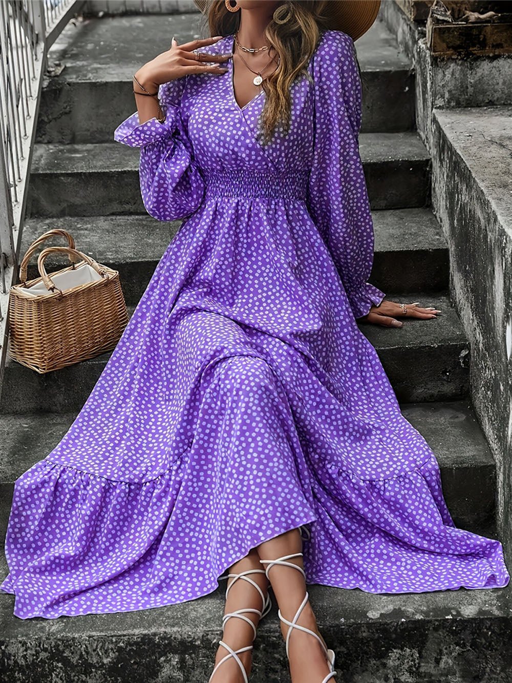 Ditsy Polka Dot V-Neck Smocked Waist Long Puff Sleeve Tiered Ruffle Maxi Dress