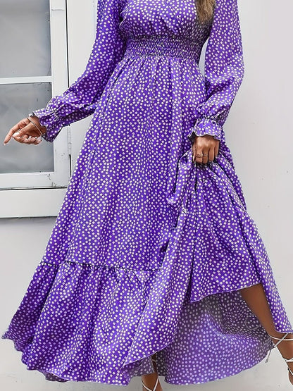 Ditsy Polka Dot V-Neck Smocked Waist Long Puff Sleeve Tiered Ruffle Maxi Dress