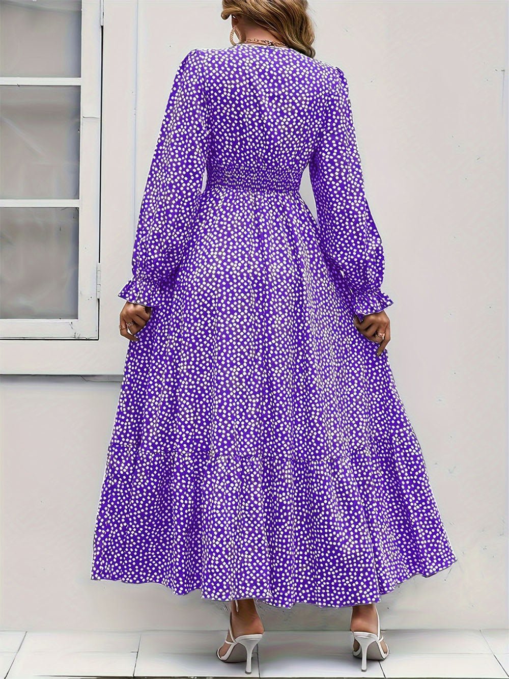 Ditsy Polka Dot V-Neck Smocked Waist Long Puff Sleeve Tiered Ruffle Maxi Dress