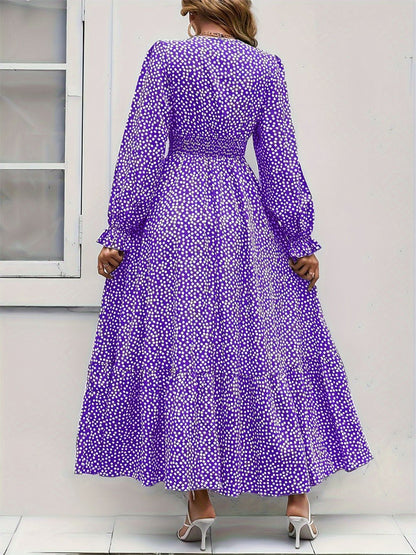 Ditsy Polka Dot V-Neck Smocked Waist Long Puff Sleeve Tiered Ruffle Maxi Dress