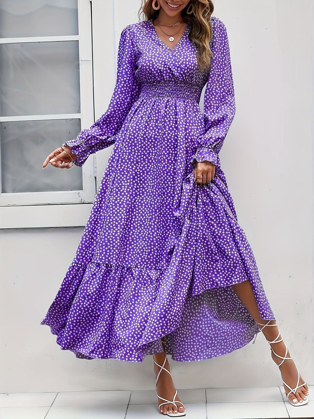 Ditsy Polka Dot V-Neck Smocked Waist Long Puff Sleeve Tiered Ruffle Maxi Dress