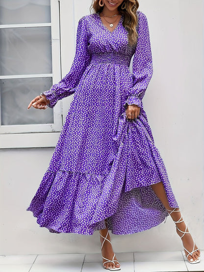 Ditsy Polka Dot V-Neck Smocked Waist Long Puff Sleeve Tiered Ruffle Maxi Dress