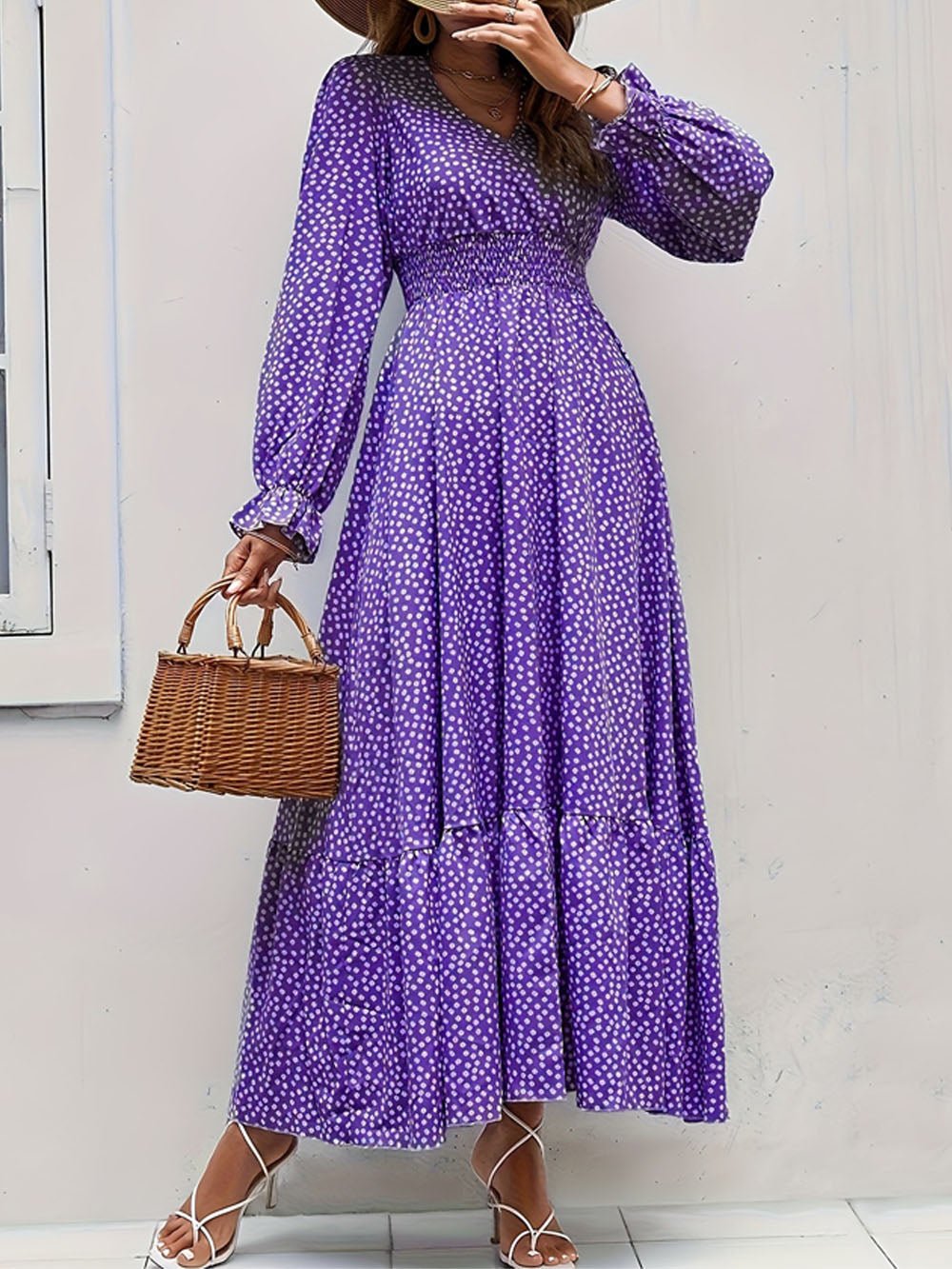 Ditsy Polka Dot V-Neck Smocked Waist Long Puff Sleeve Tiered Ruffle Maxi Dress