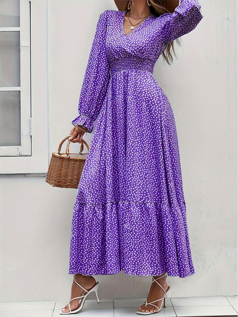Ditsy Polka Dot V-Neck Smocked Waist Long Puff Sleeve Tiered Ruffle Maxi Dress