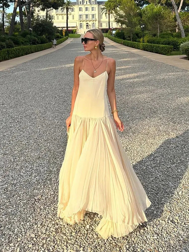 Ivory backless pleated maxi dress