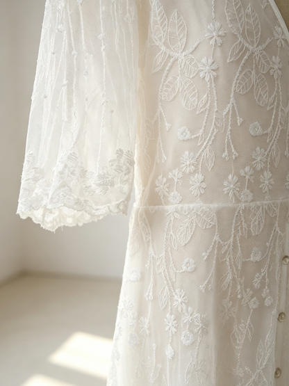 White Lace Maxi Boho Dress for Women - Embroidery Button Front Short Sleeves High Low Dress - Summer Beach Bridal Party Wear 2026