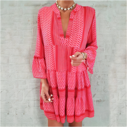 Geometric Print Tiered V-Neck Three-Quarter Sleeve Mini Dress