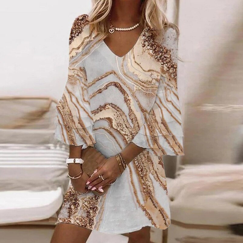 V-Neck Bell Sleeve Abstract Print Mini Dress