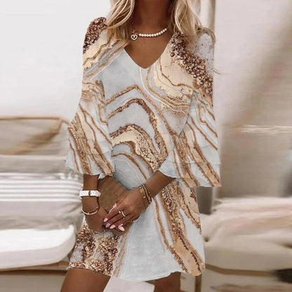 V-Neck Bell Sleeve Abstract Print Mini Dress