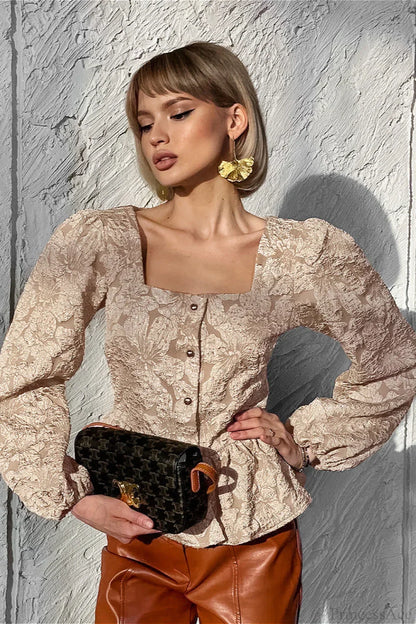 Jacquard Sophisticated Square Neck Puff Sleeve Blouse