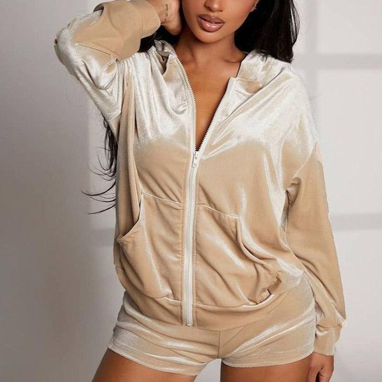 KittenAlarm - Jamila Velvet Zip Up Jacket & Mini Shorts Set
