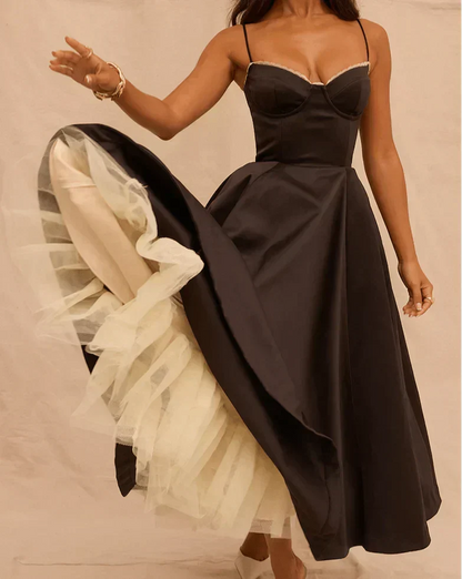 Sweetheart Lace Trim Corset Bodice Spaghetti Strap Full A-Line Satin Midi Dress