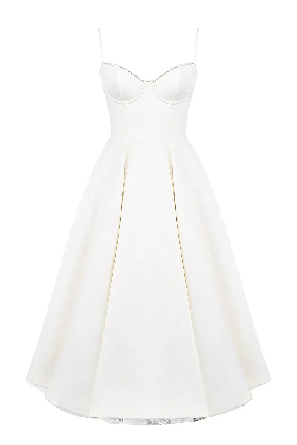 Sweetheart Lace Trim Corset Bodice Spaghetti Strap Full A-Line Satin Midi Dress