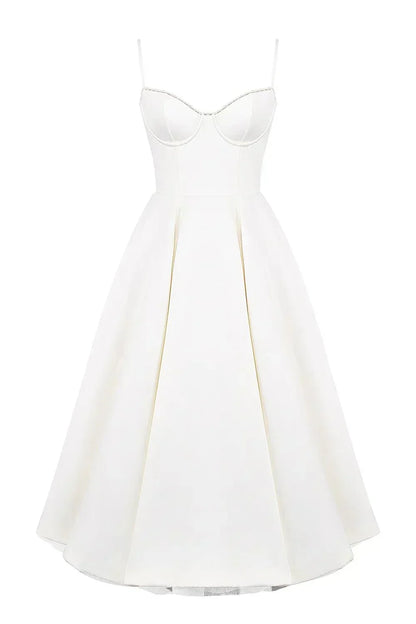 Sweetheart Lace Trim Corset Bodice Spaghetti Strap Full A-Line Satin Midi Dress
