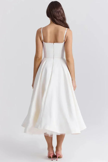Sweetheart Lace Trim Corset Bodice Spaghetti Strap Full A-Line Satin Midi Dress