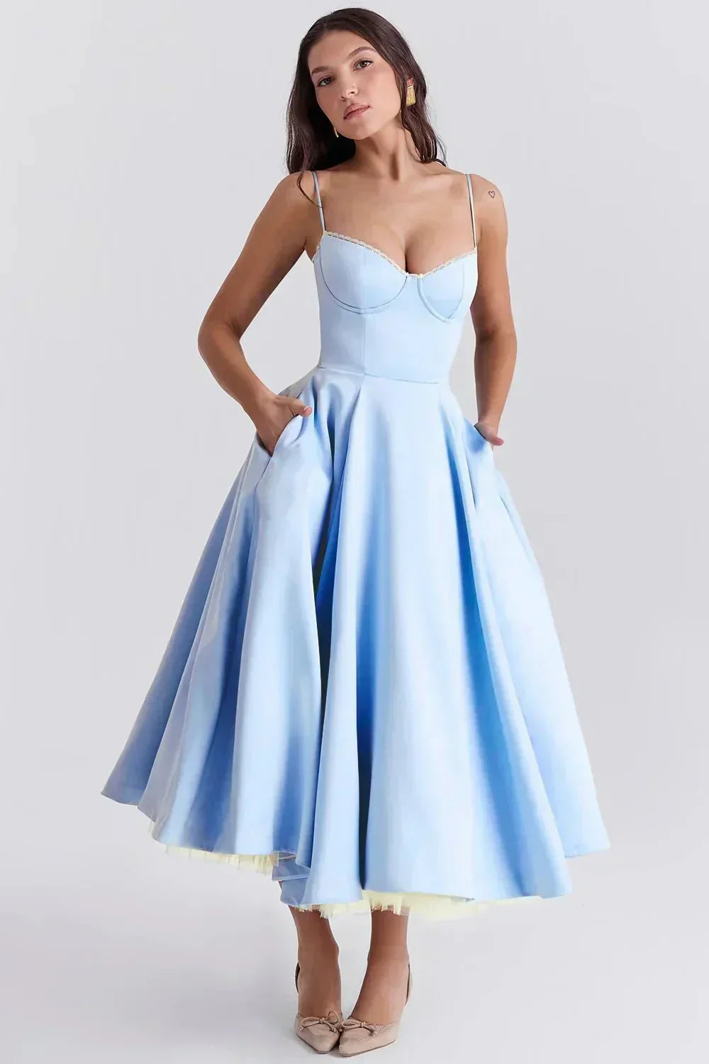 Sweetheart Lace Trim Corset Bodice Spaghetti Strap Full A-Line Satin Midi Dress