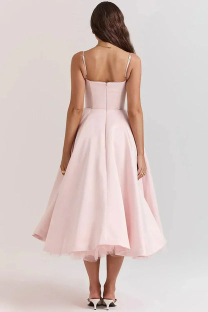 Sweetheart Lace Trim Corset Bodice Spaghetti Strap Full A-Line Satin Midi Dress