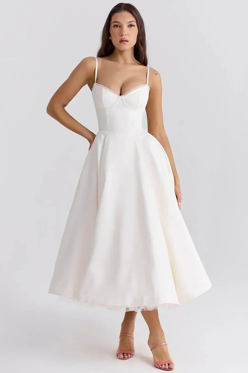 Sweetheart Lace Trim Corset Bodice Spaghetti Strap Full A-Line Satin Midi Dress