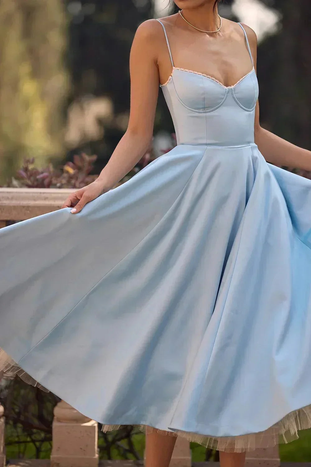 Sweetheart Lace Trim Corset Bodice Spaghetti Strap Full A-Line Satin Midi Dress