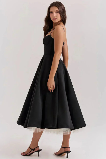 Sweetheart Lace Trim Corset Bodice Spaghetti Strap Full A-Line Satin Midi Dress