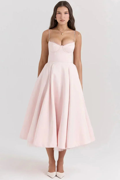 Sweetheart Lace Trim Corset Bodice Spaghetti Strap Full A-Line Satin Midi Dress