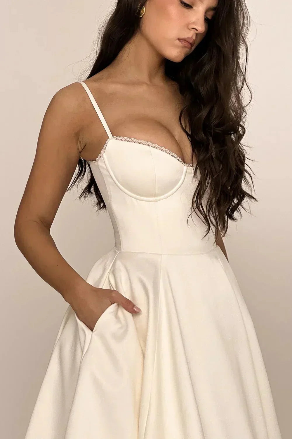 Sweetheart Lace Trim Corset Bodice Spaghetti Strap Full A-Line Satin Midi Dress