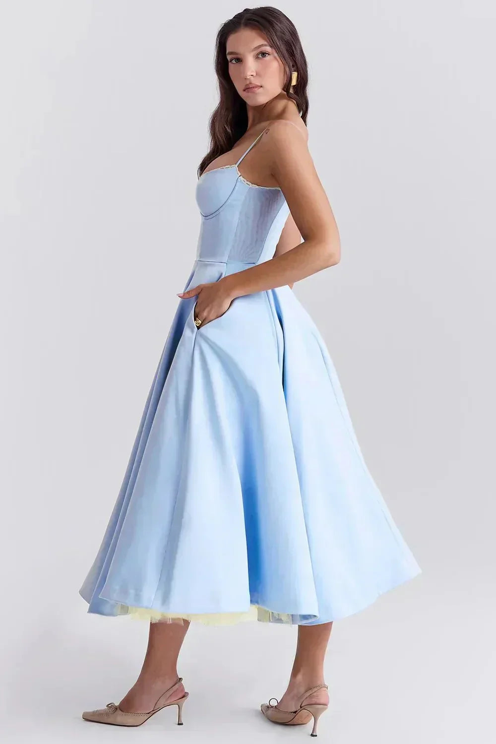 Sweetheart Lace Trim Corset Bodice Spaghetti Strap Full A-Line Satin Midi Dress