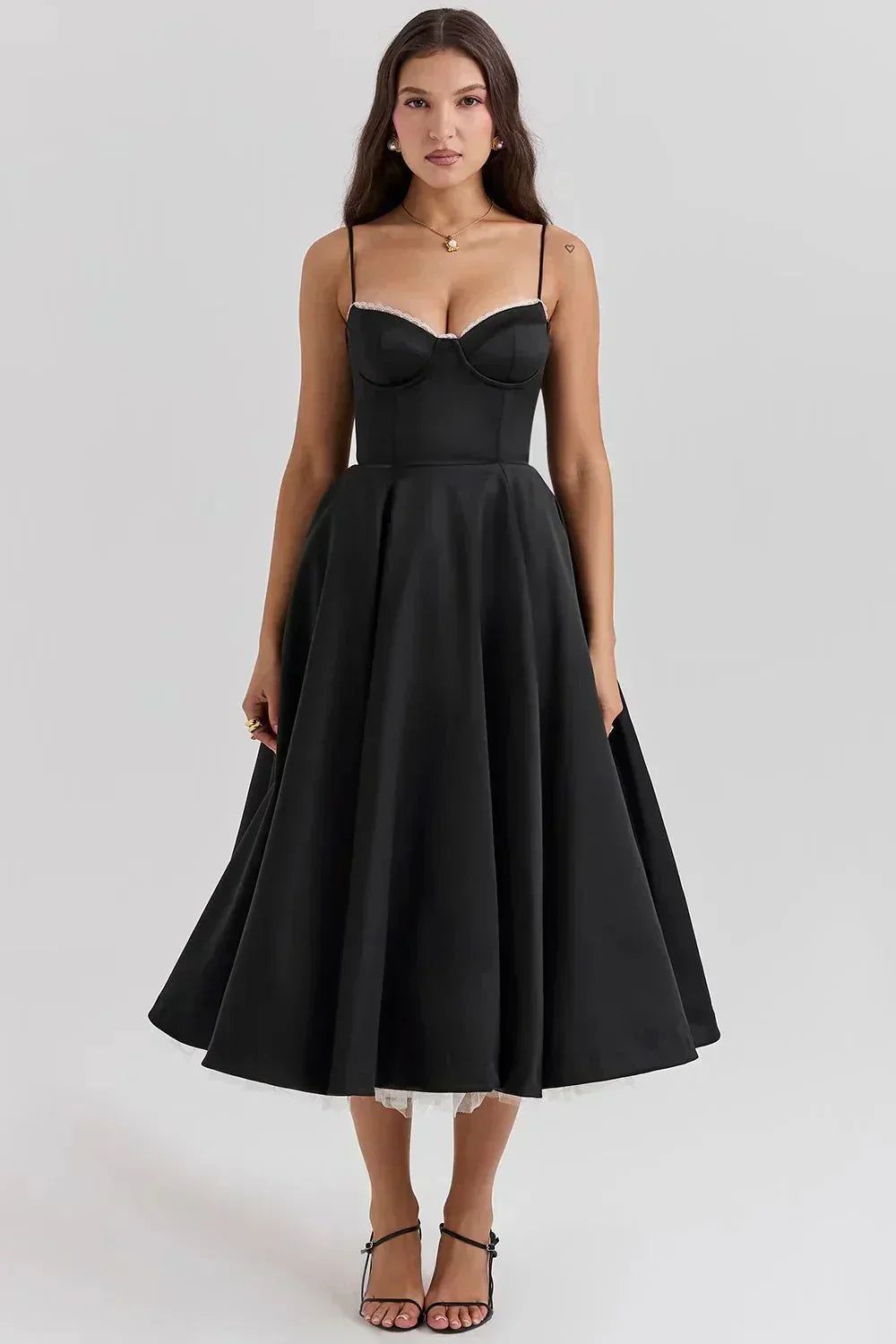 Sweetheart Lace Trim Corset Bodice Spaghetti Strap Full A-Line Satin Midi Dress