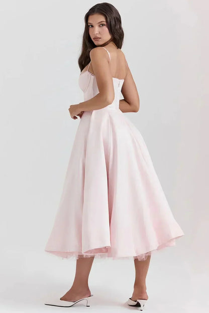 Sweetheart Lace Trim Corset Bodice Spaghetti Strap Full A-Line Satin Midi Dress