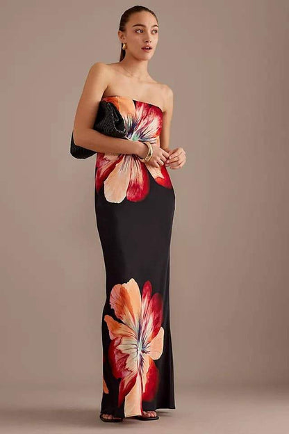 Oversized Floral Print Strapless Column Maxi Dress