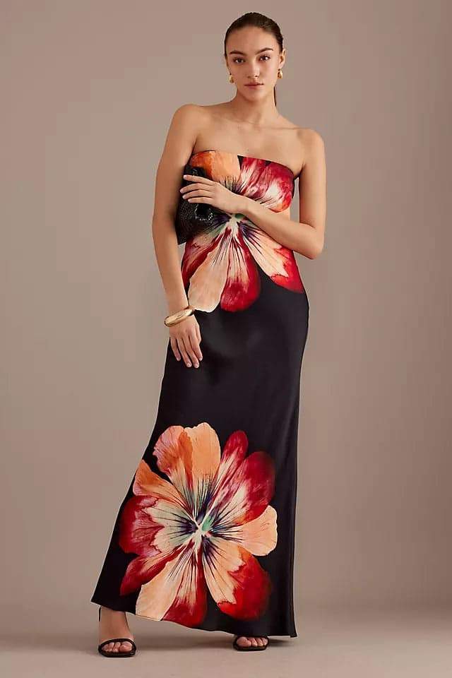 Oversized Floral Print Strapless Column Maxi Dress