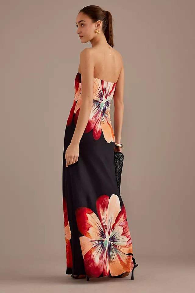Oversized Floral Print Strapless Column Maxi Dress