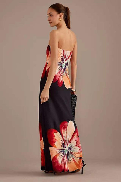 Oversized Floral Print Strapless Column Maxi Dress