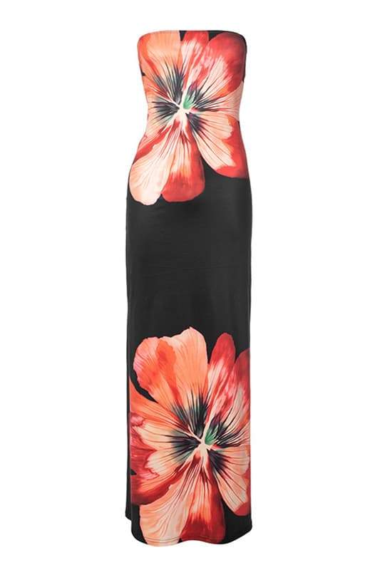 Oversized Floral Print Strapless Column Maxi Dress