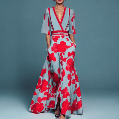 Deep V Wrap Collar Bell Sleeve Floral Print Tiered Maxi Skirt Set